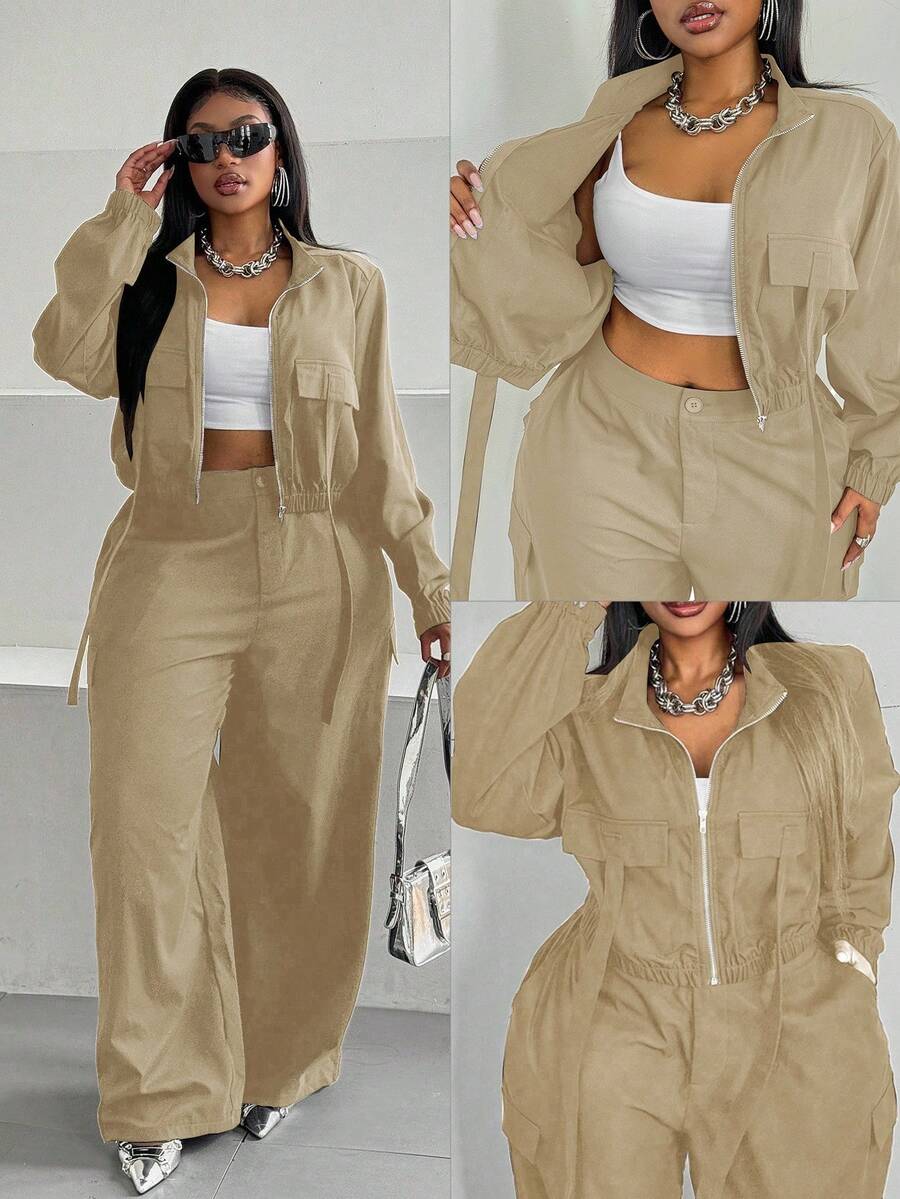 Maweii Bộ 2 món áo khoác và quần lửng màu trơn thường ngày cỡ lớn - Màu Khaki - Xem 1