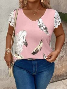 EMERY ROSE Camiseta versátil de mujer talla grande con cuello en V, parches, mangas y elementos de plumas, para primavera/verano - Multicolor - Ver 3
