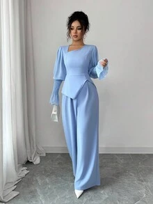 Selianne 2pcs Set: Elegant Romantic Asymmetric Collar Cinched Waist Split Hem Straight Leg Pants, Women Fall Cloth For Women - Dusty Blue - View 4