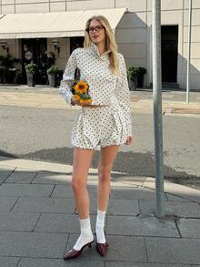 Muvela Women's Polka Dot Long Sleeve High Collar Jacket, Retro Elegant French Style, Suitable For Gatherings With Friends, Daily Outings, Dates, Valentine's Day, Afternoon Tea, Airport Outfits, Autumn, Teacher's Day