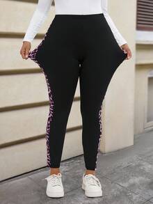 Rosumi 秋季大码休闲日常豹纹拼接弹力紧身裤 - 粉色 - 查看 6