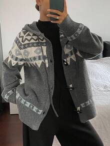 Livesso Women's Loose Business Casual Colorblock Plaid Rhinestone Horn Button Decor Hooded Cardigan Knit Top, Autumn/Winter - Grey - View 5