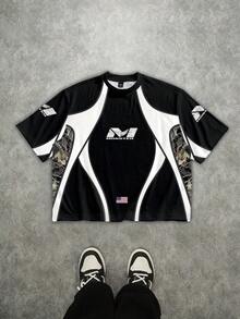 Manfinity Roghcode 街头风格宽松先锋拼布迷彩黑白撞色运动字母短款T恤 - 彩色 - 查看 6