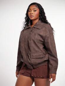 SHEIN SXY Áo khoác da PU cổ điển, sang trọng, quyến rũ, quyến rũ, gợi cảm, giản dị, phong cách tối giản, cổ điển, thanh lịch, có túi lớn, cỡ lớn dành cho nữ mùa thu đông - màu nâu - Xem 5