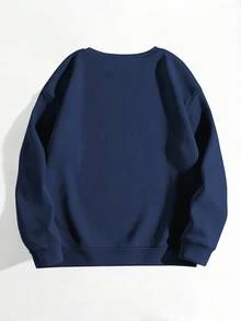 INAWLY Casual Letter Print Crew Neck Long Sleeve Sweatshirt - Navy Blue - View 2