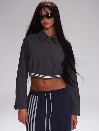 MUSERA Chaqueta corta con cremallera, puños a rayas y bajo acanalado, linda para maestros, casual para volver al colegio, uso diario, deportiva, de trabajo y corporativa para el invierno