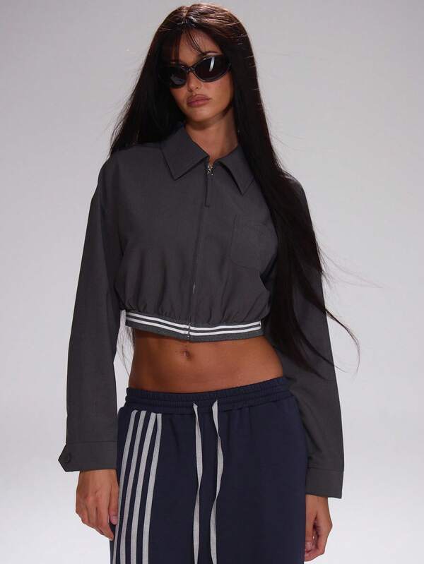 MUSERA Chaqueta corta con cremallera, puños a rayas y bajo acanalado, linda para maestros, casual para volver al colegio, uso diario, deportiva, de trabajo y corporativa para el invierno