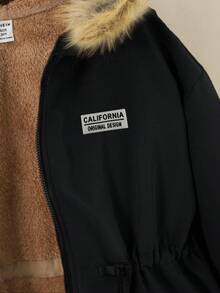 Tween 女童休闲街头装保暖保暖内衬收腰宽松中长连帽夹克外套 - 黑色 - 查看 3