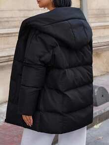 EURMUSE Damen Einfarbiger Kapuzenparka mit Taschenverzierung, Lässig Wintermantel - Dunkelgrau - Übersicht 2
