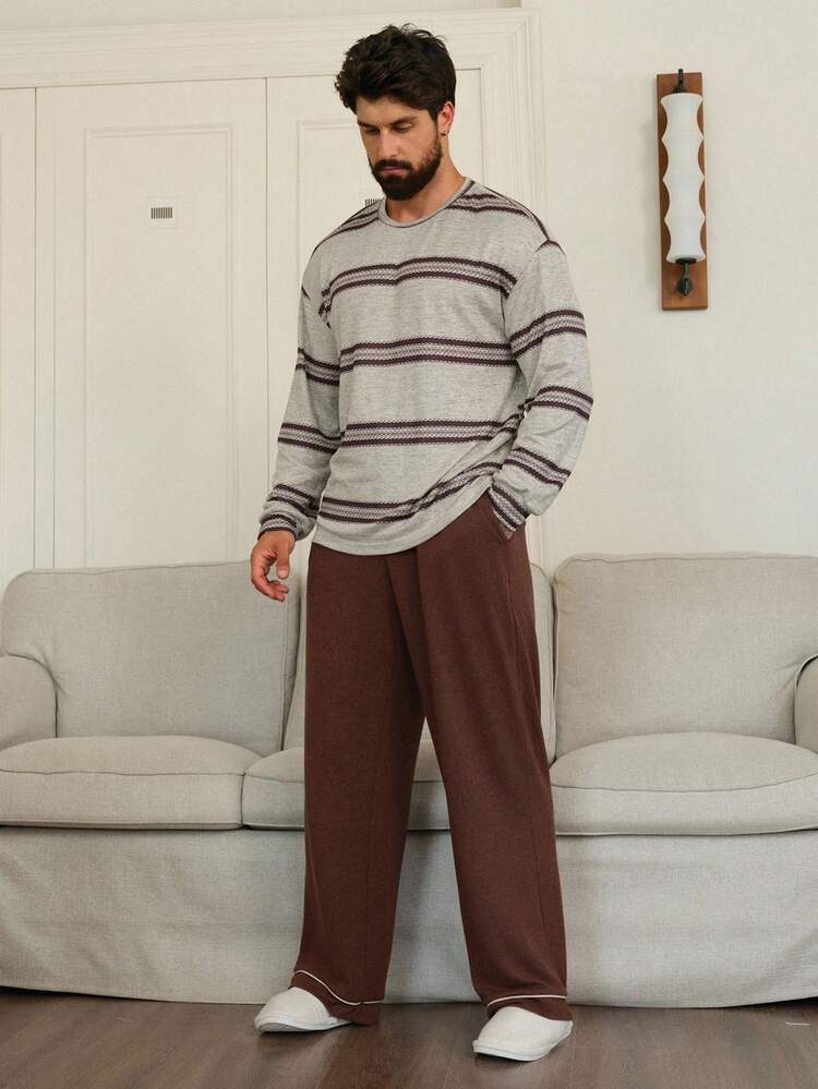 Men's Contrast Striped Print T-Shirt With Solid Color Elastic Waist Pants Loungewear Set Casual Home Outfit, Autumn, Fall Winter Clothes Pajama