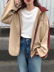 FRIFUL 女式休闲拉链撞色灯芯绒字母印花宽松夹克，棕色 - 卡其色 - 查看 3