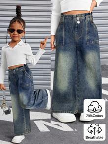 SHEIN 年轻女孩新款度假向日葵荷叶边松紧腰柔软水洗宽松休闲时尚牛仔裤 - 深色水洗藍 - 查看 1