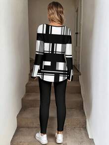 SHEIN LUNE 2pcs/Set Women Geometric Print Long Sleeve T-Shirt And Leggings, Autumn/Winter