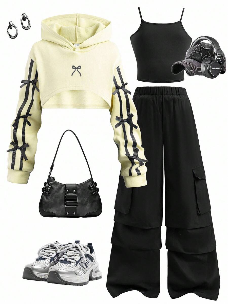 Sparklyn 3 件套少女连帽衫套装，秋冬新款，包含：可调节短款连帽衫、合身吊带背心、休闲黑色口袋裤、蝴蝶印花连帽短款运动衫，舒适百搭的休闲套装，适合家人/姐妹穿着 - 彩色 - 查看 1