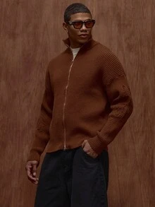 Musero Cárdigan de punto con cuello alto, manga larga, detalles de manga con estampado y cremallera, para otoño/primavera-verano - Marrón - Ver 1