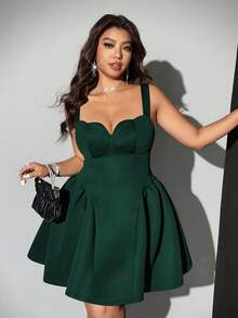 Viva Relle Plus Size Women's Elegant Simplistic Solid Color Shell Trim Heart Bust Cinched Waist Spaghetti Strap Dress, Summer - Dark Green - View 4