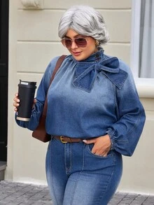 EMERY ROSE Plus Size Women's Fashion Bow Denim Blouse - Dark Wash - View 8