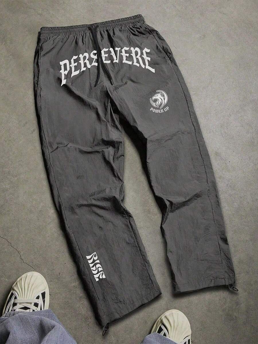 Manfinity Sport Corelite 男士字母印花抽绳腰带口袋运动休闲裤健身服跑步裤 - 灰色 - 查看 1