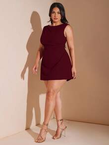 SHEIN BAE Plus Size Women's Red Ruched Mini Dress, Elegant Beach Vacation Dress