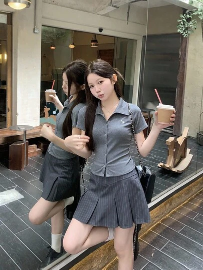 DAZY 女式字母印花休闲 Polo 领短袖 T 恤学院风上衣