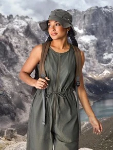 SHEIN EZwear 女式休闲户外简约纯色拉链前抽绳腰部无袖牛仔连体裤 - 綠色 - 查看 7