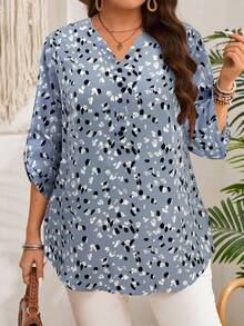 EMERY ROSE Plus Size Women's Early Spring 3/4 Sleeve Burgundy Printed Shirt - Grey - View 6