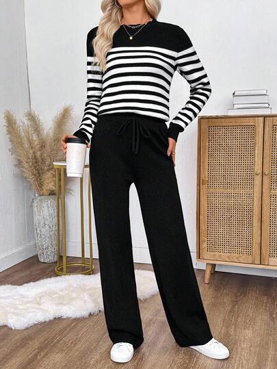 EMERY ROSE 2 件套女士休闲宽松撞色条纹保暖内衬套头衫套装，舒适保暖，适合秋冬季女士毛衣女士冬季毛衣长袖毛衣秋季毛衣两件套女士