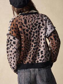 Bohemela Women's Casual Leopard Print Drop Shoulder Long Sleeve Knit Cardigan, Autumn/Winter