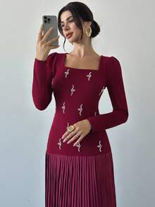 Firerie Women's Elegant Burgundy Autumn Square Neck Pearl Long Sleeve Pleated Hem A-Line Maxi Dress,Refined Dining Party Christmas New Year Clothes - Red Violet - View 7