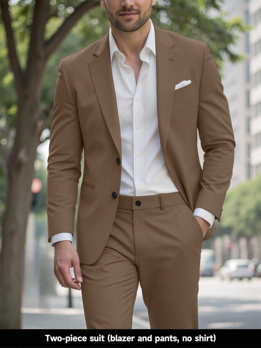 Calvornis 男士休闲商务两件套西装，纯色西装套装夹克和裤子，简约时尚休闲日常穿着婚礼西装舞会西装男士，适合情人节周年纪念日等场合，是送给男朋友或丈夫的绝佳礼物。 - 棕色 - 查看 1