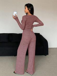 DAZY 2pcs Solid Color Half-Placket Long Sleeve Top And Pants Set For Women,Fall Clothes Tracksuits Women Set Lounge Sets For Women - Burgundy - View 4