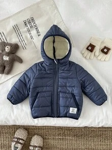 SHEIN 嬰兒男孩/女孩藍色加厚連帽拉鍊外套，冬季絎縫秋季外套，柔軟舒適，適合戶外雪地玩耍 - 藍色 - 查看 7