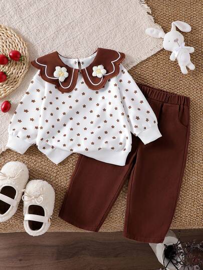 SHEIN 女童时尚可爱灰领白条纹刺绣花卉印花白色上衣和舒适休闲棕色裤子T恤套装