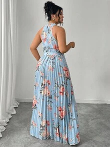 Elenzga Đầm maxi cổ yếm xếp ly họa tiết hoa lãng mạn, thanh lịch, quyến rũ cỡ lớn dành cho nữ - Màu xanh lam - Xem 2
