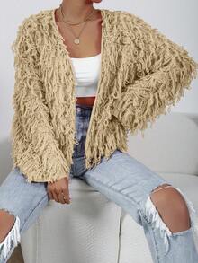 EMERY ROSE Women's Casual Solid Color Fringe Long Sleeve Cardigan - Beige - View 5