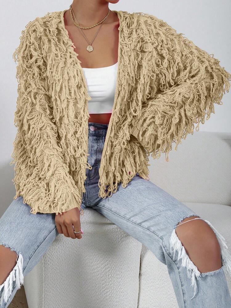 EMERY ROSE Women's Casual Solid Color Fringe Long Sleeve Cardigan - Beige - View 5