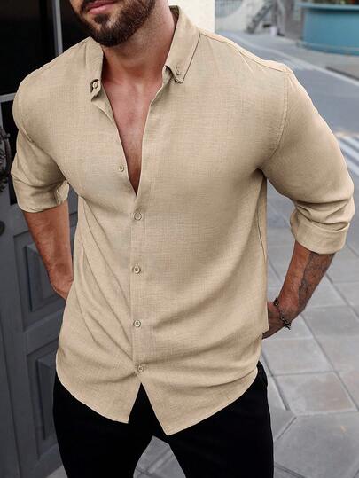 Manfinity Homme Men's Solid Color Plain Button-Front Urban Long Sleeve Shirt, For Husband, Beige Men Shirt