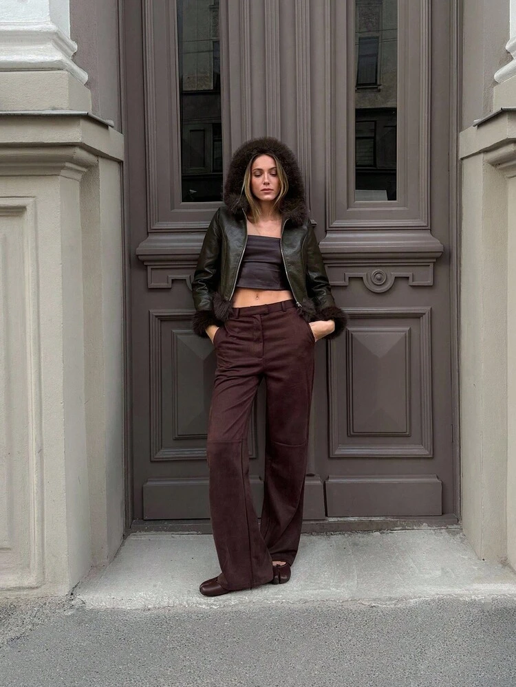 PU LEATHER CONTRAST FAUX FUR WINTER COAT