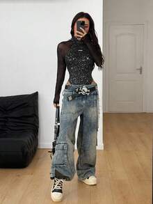 Coolane Women's All-Season Music Festival Party Breathable Mesh Stretchy Bodysuit Jumpsuits Valentine's Day Sparkly,Fall,Black Bodysuit - Black - View 6