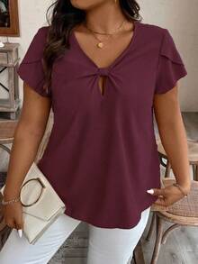 EMERY ROSE Plus Size Women's Solid Color V-Neck Petal Short Sleeve Casual Casual Blouse, Summer
