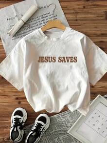 INAWLY 耶稣拯救标语字母图案女款圆领T恤 - 白色 - 查看 2