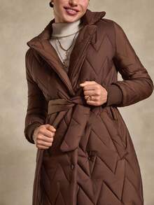Bóhologie Fashionable Belted Snap Button Keeping Warm Padded Coat - Brown - View 3