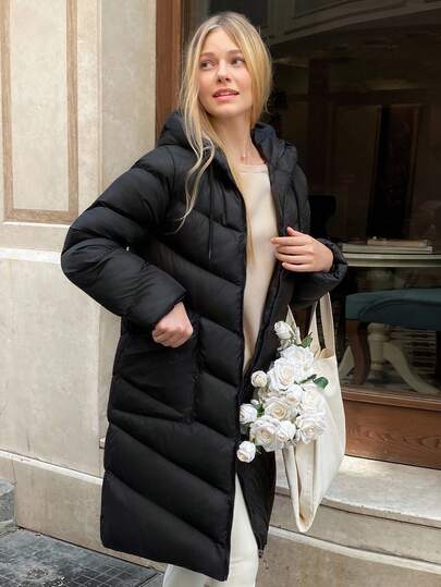 EURMUSE Long Padded Coat, Quilting Pattern, Hooded Design, Full Zip Front, Winter Outerwear, Warm Padding, Water-Resistant Material, Side Pockets, Brand Logo Patch, Cozy Winter Collection, Machine Washable, Durable Construction, Perfect For Cold Weather Protection, Waterproof Fabric