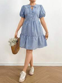 Flirla Plus Size Striped Mini V-Neck Drawstring Patchwork Short Sleeve Shift Dress - Blue - View 5