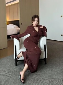 Flirla Plus Size Sexy Solid Color Deep V Sparkly Decor Fitted Dress - Coffee Brown - View 4