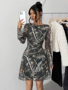 SHEIN 少女豹纹网眼喇叭袖迷你连衣裙 - 彩色 - 查看 5