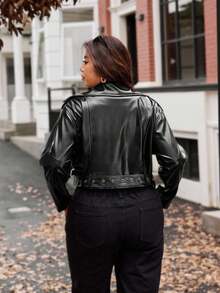 Vionelle Chaqueta corta de motociclista de piel sintética para mujer de talla grande - Negro - Ver 2