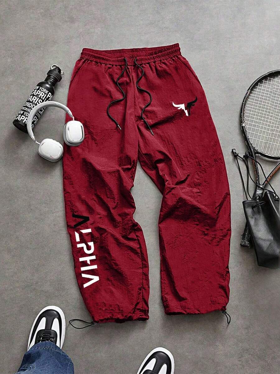 Sport MetroGents Men's Letter Print Drawstring Waist Casual Sports Pants Workout Clothes Running Pants, Men's Sports Pants, Men's Joggers, Sports Pants, Baggy Gym Clothes - Red - View 1