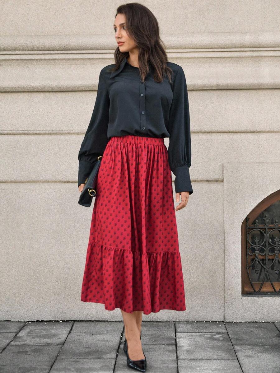 SHEIN Unity Váy hoa mini giản dị dành cho người đi làm, mùa thu - Đỏ - Xem 1