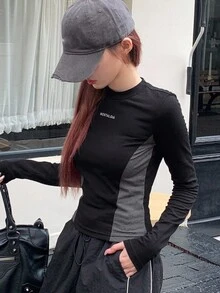 DAZY Áo thun họa tiết chữ Colorblock, quần áo thu dài tay cho nữ - màu đen - Xem 2